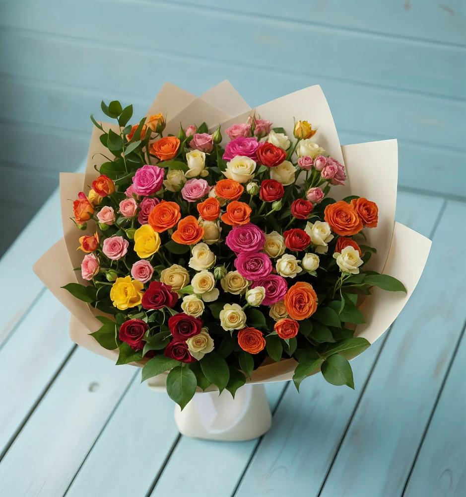 Букет Микс из разноцветных кустовых роз в Терновке